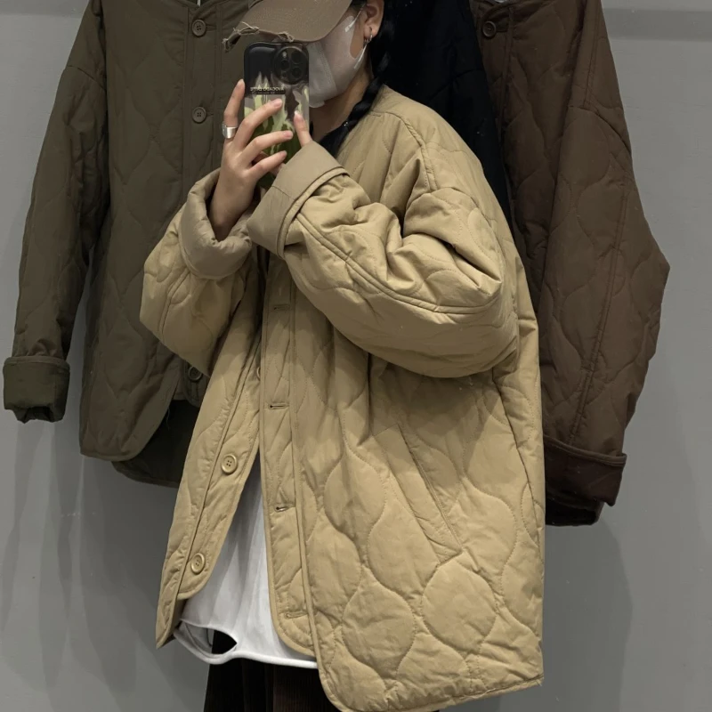 Lightweight Vintage Parka Men Women Korean Casual Loose Warm Cotton Coat Solid Quilted Crewneck Padded Jacket Winter Unisex Tops