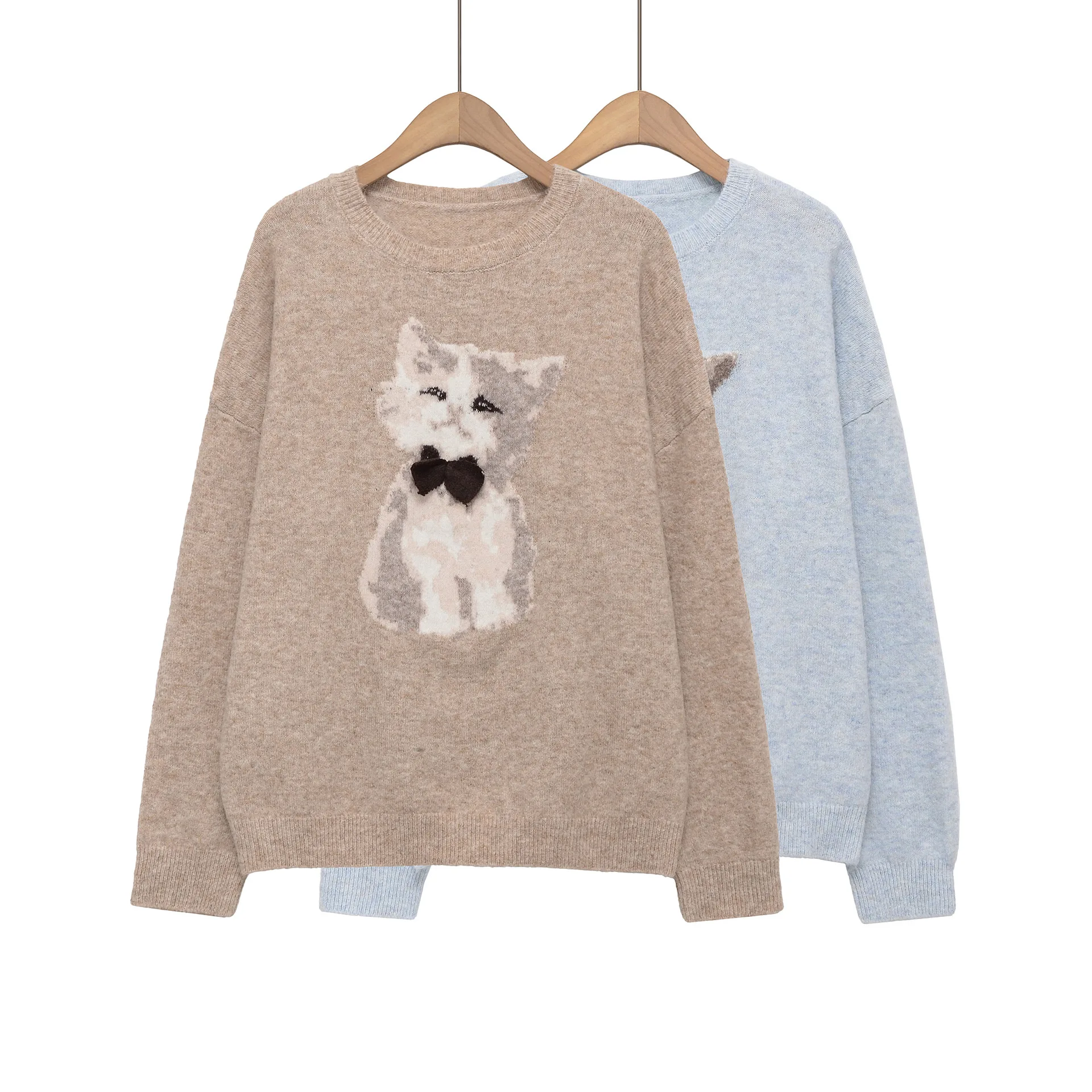 

2025 Winter New Lazy Sweater Casual Cute Cat Jacquard Round Neck Pullover Sweater Tops for Women