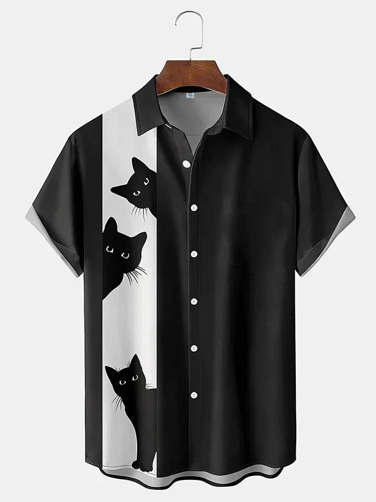 Men\'s 3D Cat Print Shirt Lapel Button Up Casual Short Sleeve Beah Shirt Fashion Summer Men Business Casual Hawaiian Shirt Tops
