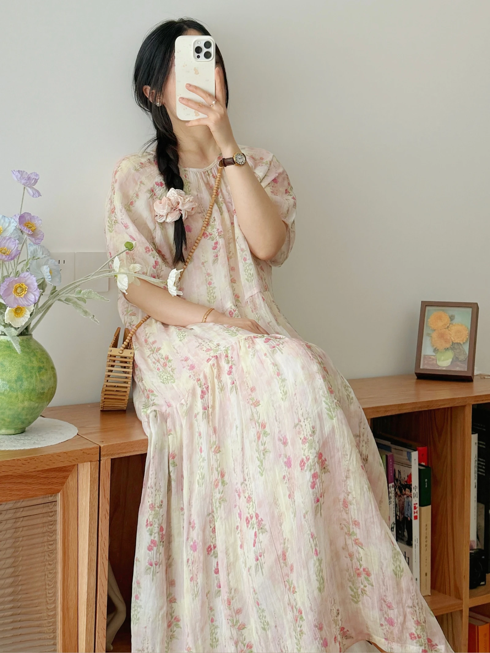 Abito estivo da donna 2025 in cotone e lino floreale Abito lungo ampio e sottile Boho Casual Beach