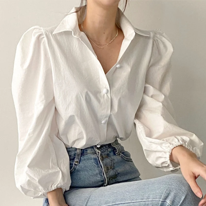 Chic Spring Basic Sle Loose Bubble Sve irt Women's  Collar Single Button Nine Points Casual Faion Top
