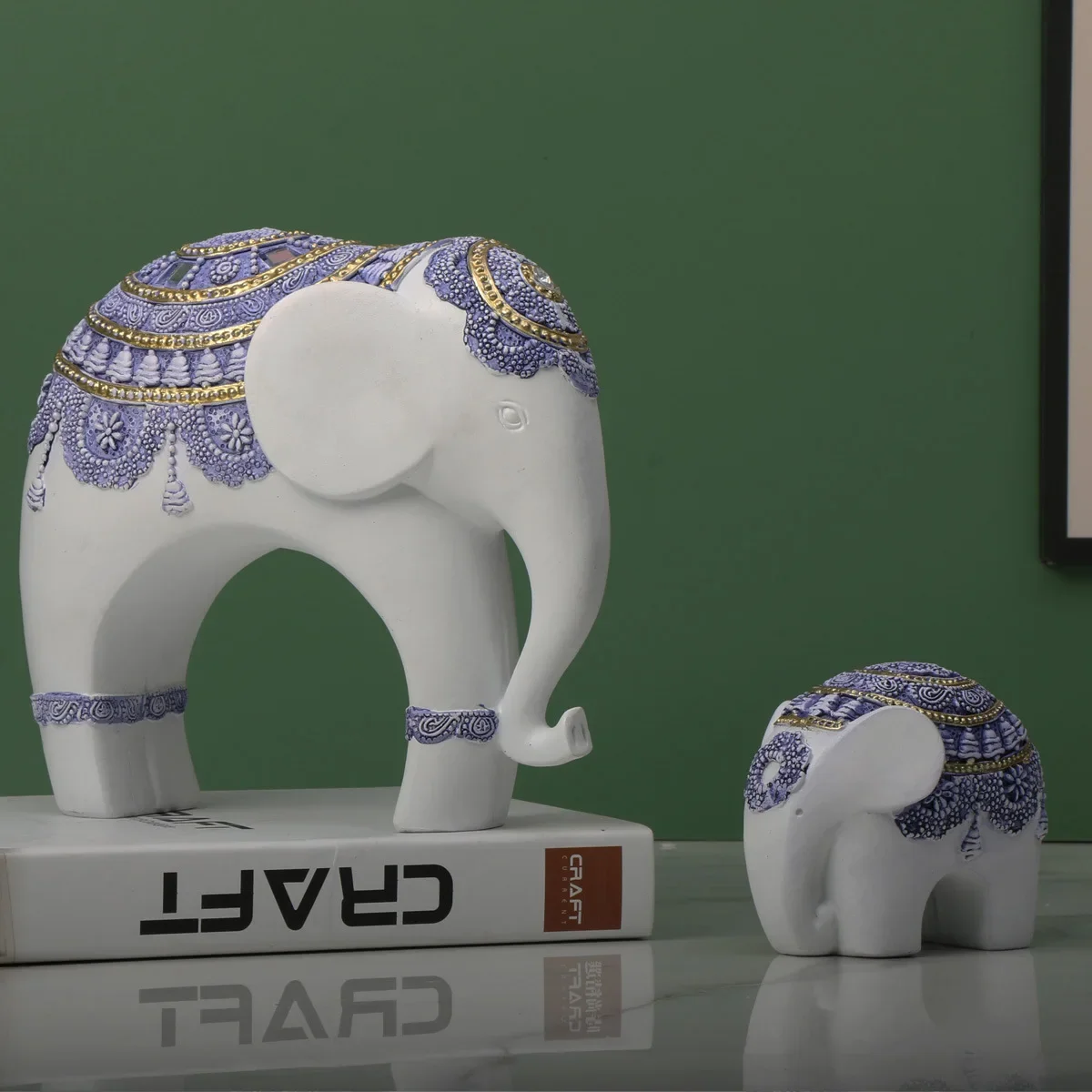 Blue and White Trunk-Up Elephant Sculpture -Prosperity and Good Luck Charm, ldeal Home Décor & Universal Gift