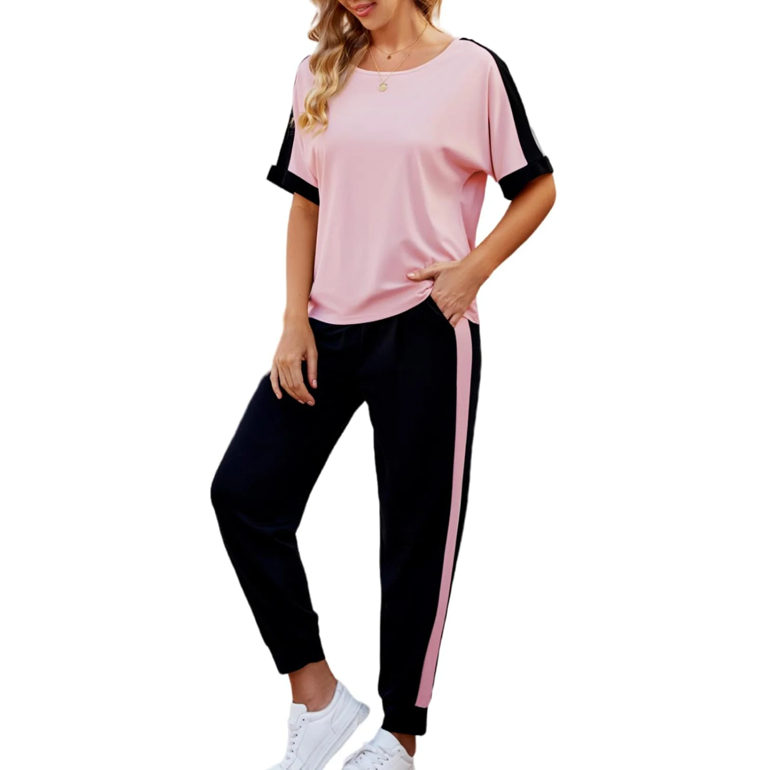 Leisure, Stitching, Color, Pockets, Sports wear, Two-piece, Short-sleeved Pants Suit, Women\'s Wear