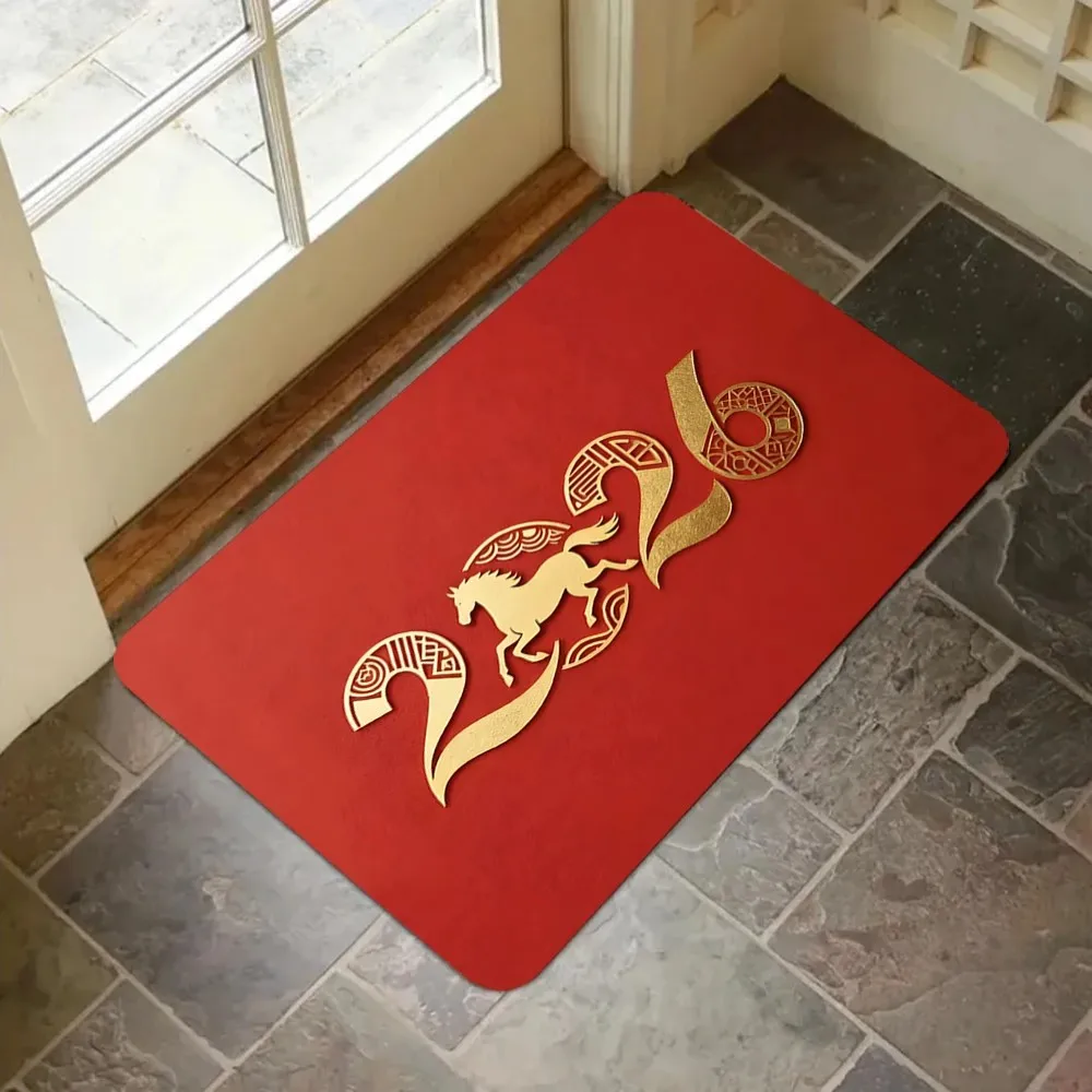 Chinese New Year Red Decorative Doormat for Front Door Floor Mat Home Decor Koi Cat Horse Blessing Print Stylish Porch Entrance