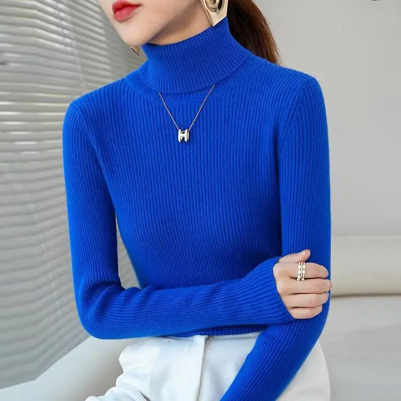 

Klein синий свитер с воротником, женский пуловер с длинными рукавами, вязаный свитер, пуловер, базовый свитер, облегающий топ