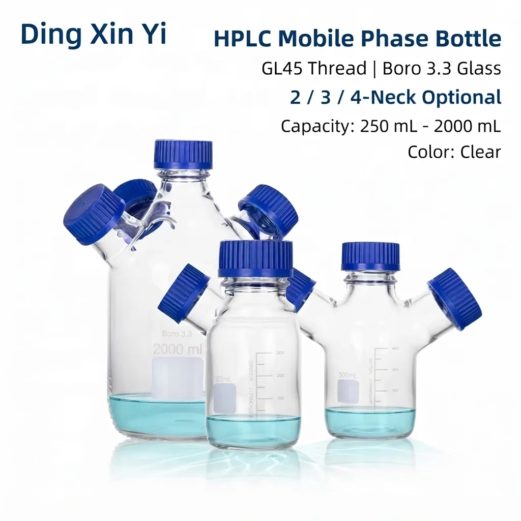 DXY Clear Transparent GL45 Mobile Phase Bottle 2/3/4 Neck 250-2000ml Lab HPLC Chromatography Screw Cap Solvent Reservoir