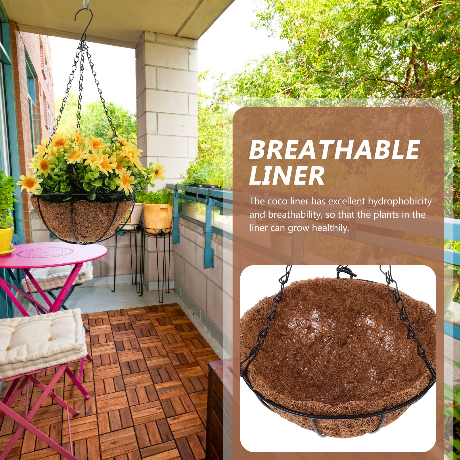 

Coconut Fiber Hanging Basket 12 Inch Steel Wires Plant Holder Durable Waterproof Balcony Planter Flower Pot Long