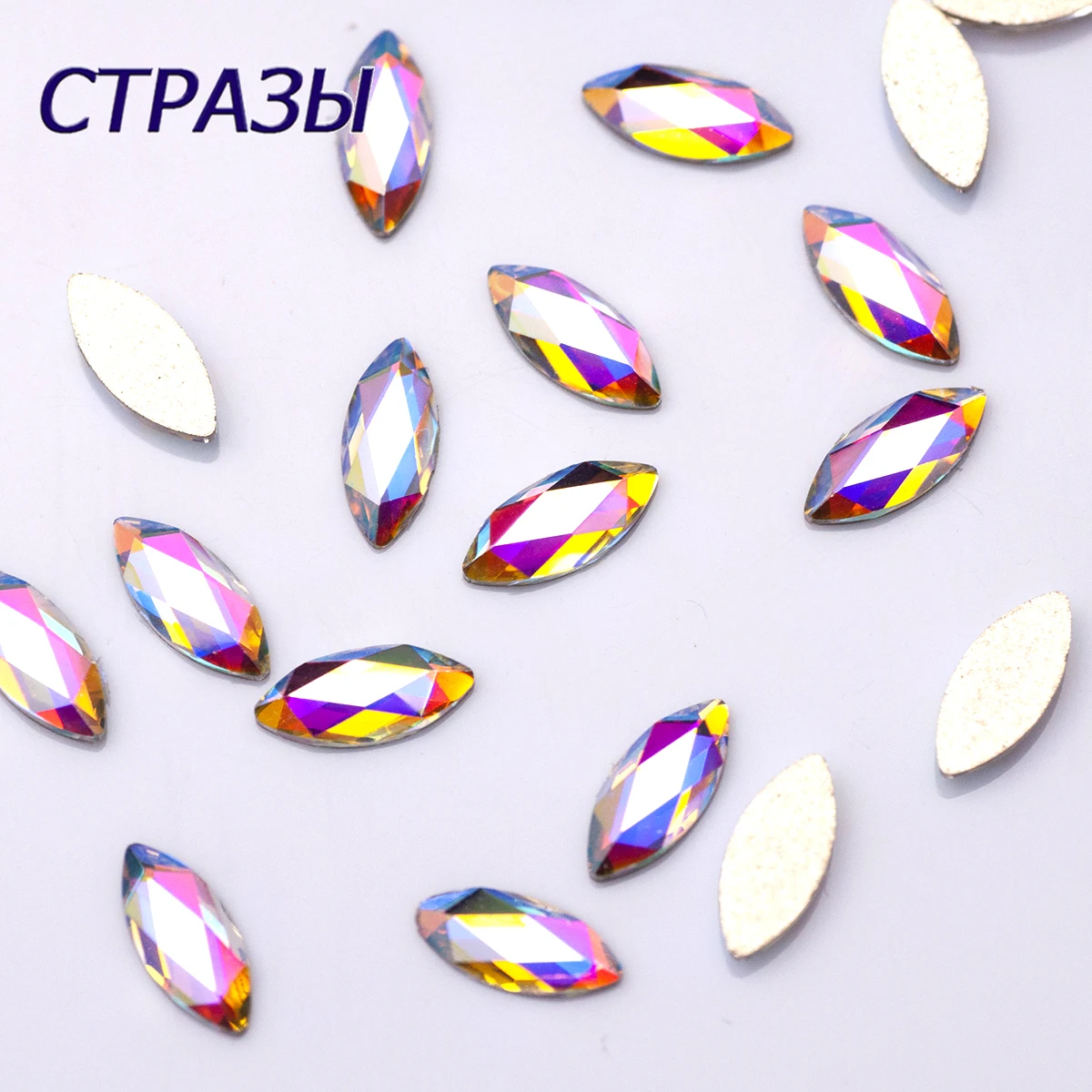 Strass brillants en verre pour manucure, breloques 3D pour ongles, décoration nail art, clair, cristal AB, dos plat, marquise, conseils, 3.5x8mm, 20 pièces