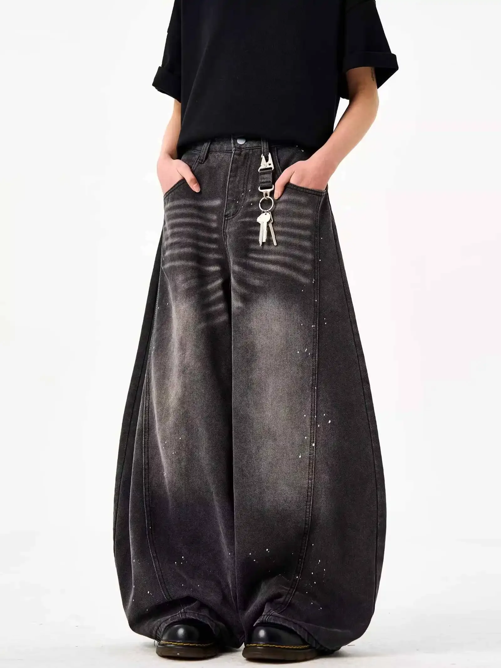 بنطلون جينز نسائي أسود قوطي Y2k هاراجوكو 90s عتيق كبير الحجم من قماش الدنيم بنطلون جينز فضفاض على الطراز الياباني 2000s 2025