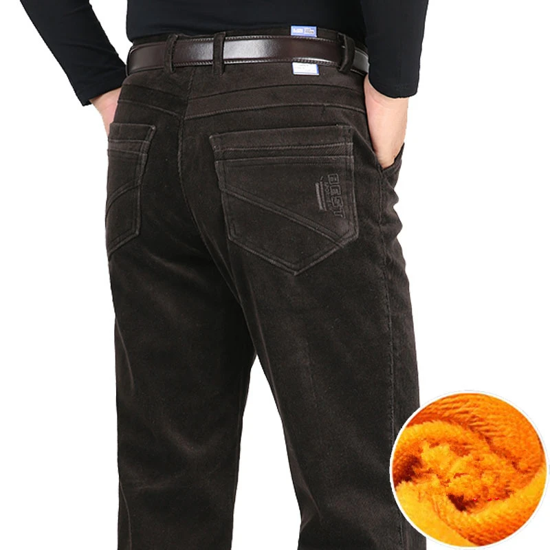 Corduroy Fleece Thicken Warm Winter Pants Men brown Casual Pants Straight  Loose black khaki Trousers for male Plus Size 40 42