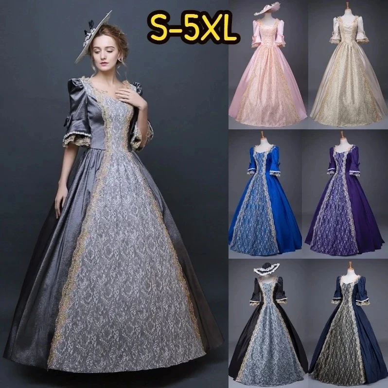 

18th Century Medieval Women High Waist Half Sleeve Ball Gowns Princess Lace Patchwork Satin Dress Queen Renaissance Costume
