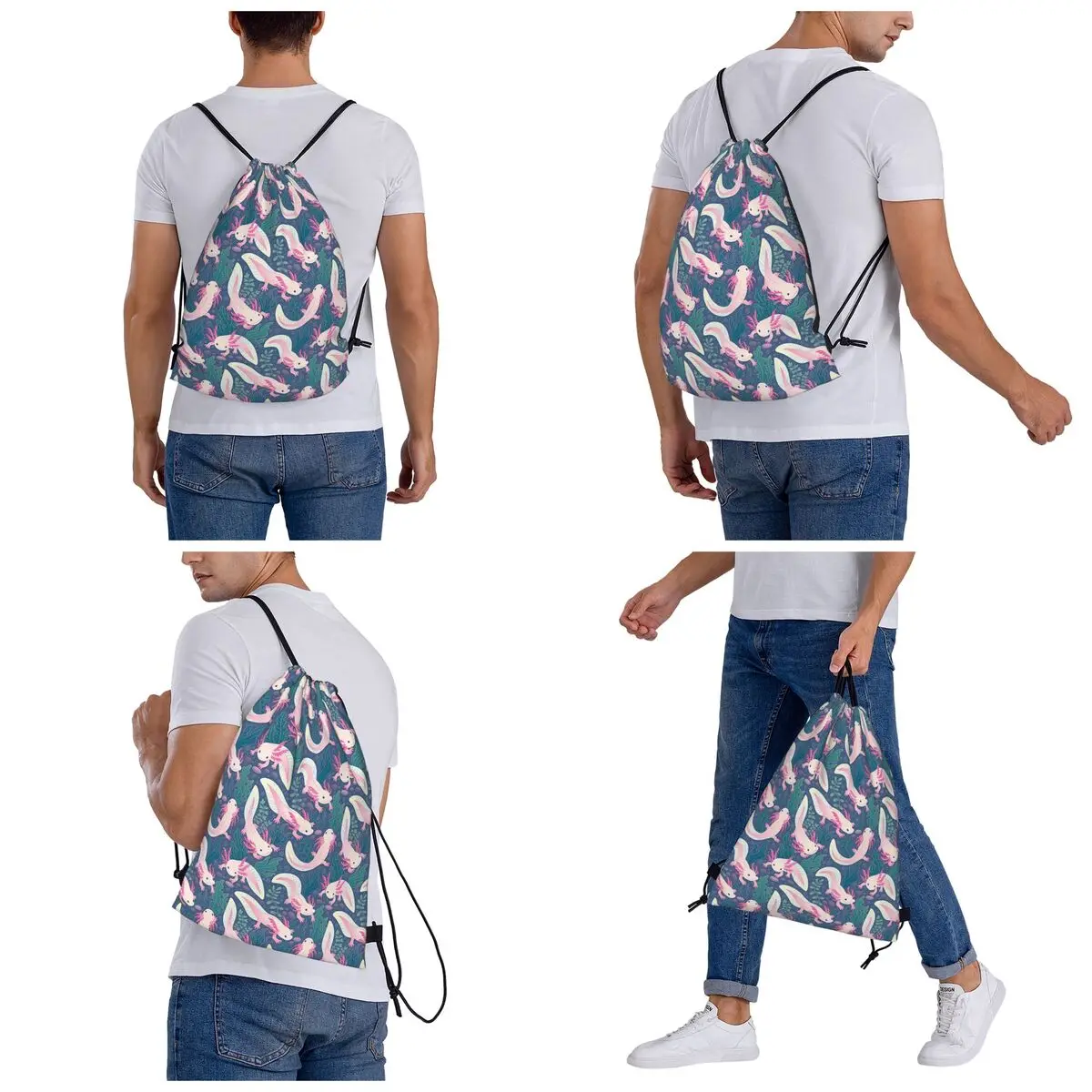 Axolotls Backpacks Multi-function Drawstring Bundle Pocket Sports Bag Book Bags for Travel School