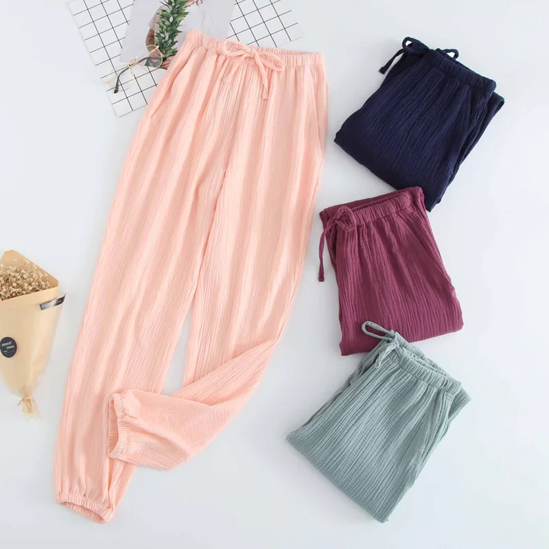 Couple Sleepwear Cotton Double-layer Gauze Pants for Men's and Women's Home Pants Large-sized Simple and Soft Sleepwear Trousers