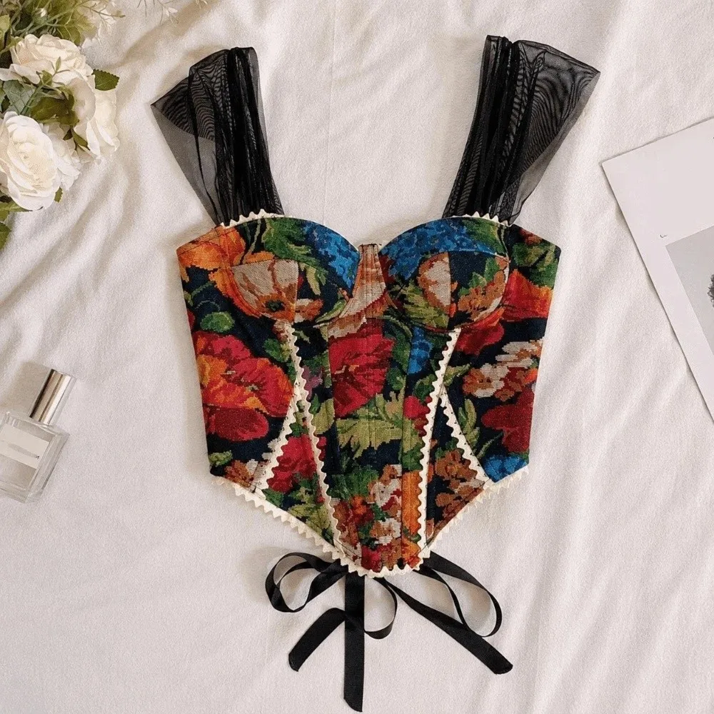 Corset Top Slim Fit Fishbone Corset Floral Print Lace-up Back Crop Tops Sleeveless Suspender Vest Streetwear
