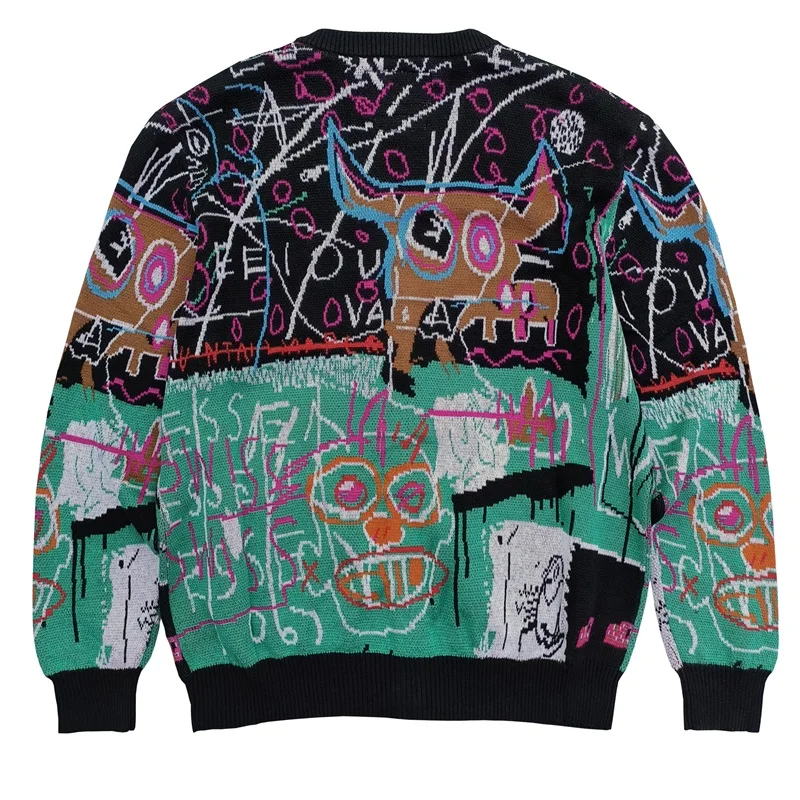 معطف كلاسيكي مطبوع عليه جرافيتي للرجال والنساء سترات يابانية برقبة على شكل حرف V فضفاضة غير رسمية محبوكة ملابس كبيرة الحجم