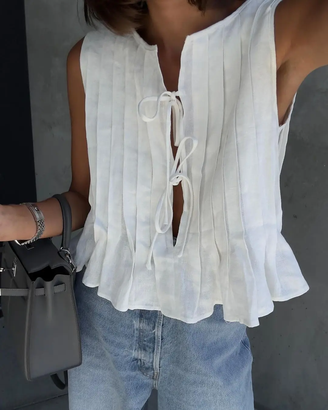 Folding Ruffled Lace-up Tops Skirt Suits Women, Stylish Sleeveless Ruffled High Waist Long Skirt, Elegant White Lace Tie Shirt