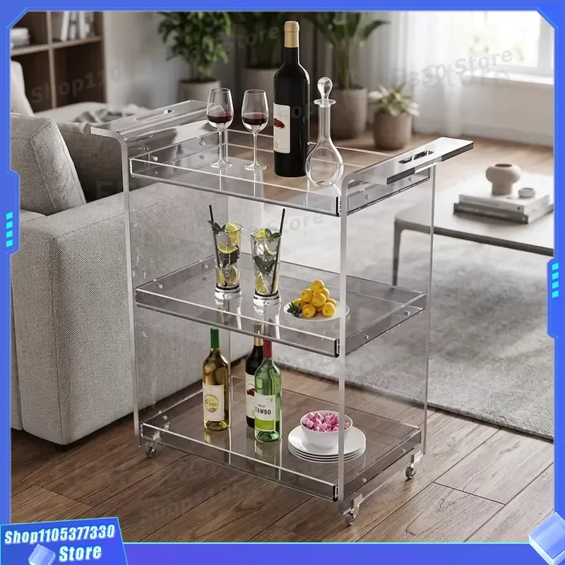 Modern Transparent Acrylic Bar Cart 2 Shelves Rolling Square Lucite Trolley for Dining Room Living Room Hotel Kitchen Custom