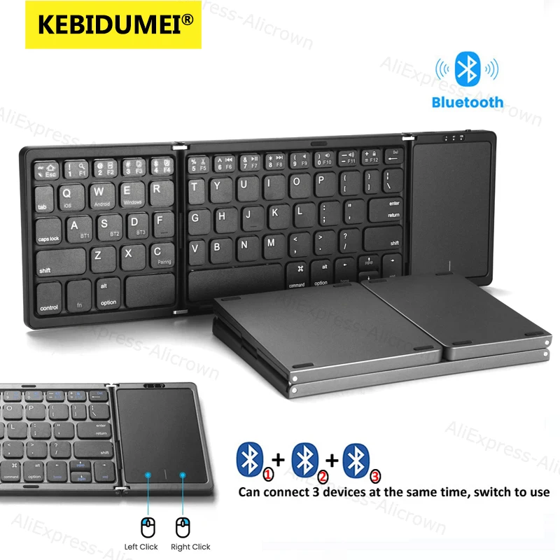 

Folding keyboard Tri-Bluetooth Keyboard with Touchpad Mini Wireless Keyboard Rechargeable Keyboard for PC Windows IOS Android