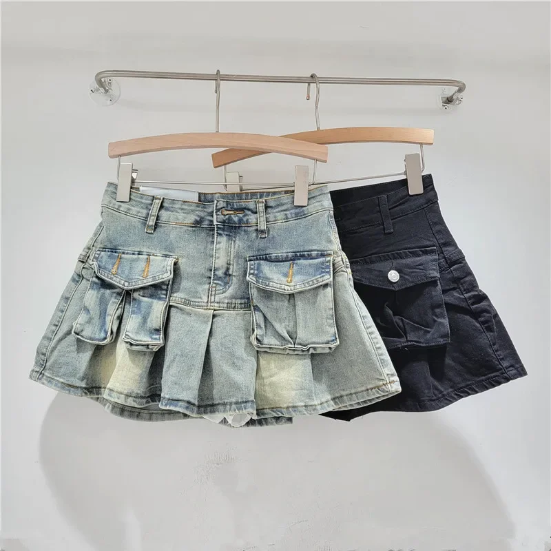 

Fashion Women's Asymmetric Denim Skirts Patchwork Pockets Pleated A-line Short Cargo Mini Skirt 2024 Summer New