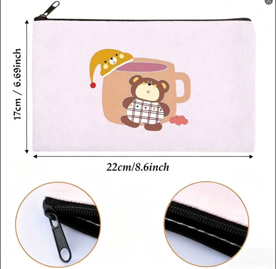 1PC Double-sided Print Canvas Pouch Kawaii Bear Coffee Cup Print Zipper Makeup Storage Bag