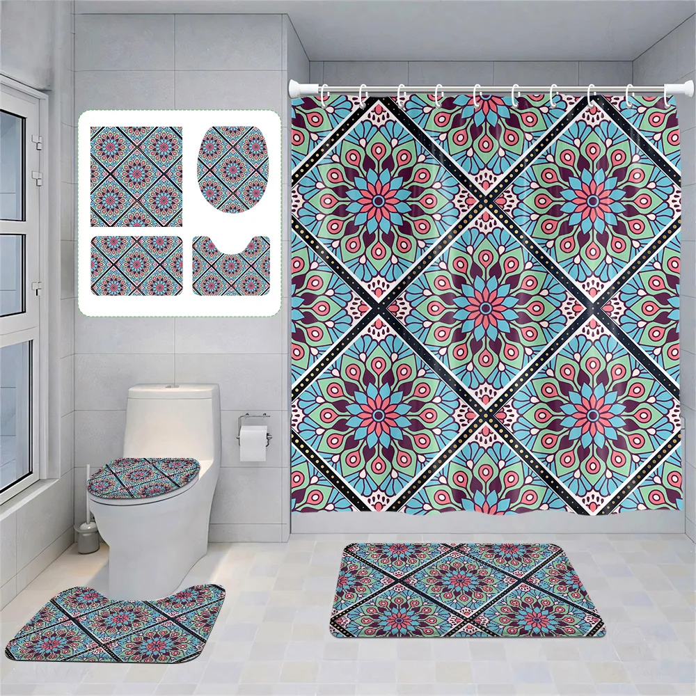 

Набор занавесок для душа с цветочным принтом в стиле бохо — водонепроницаемый декор для ванной комнаты с подходящим ковриком и крышкой для унитаза, нескользящей подложкой и нержавеющей прокладкой