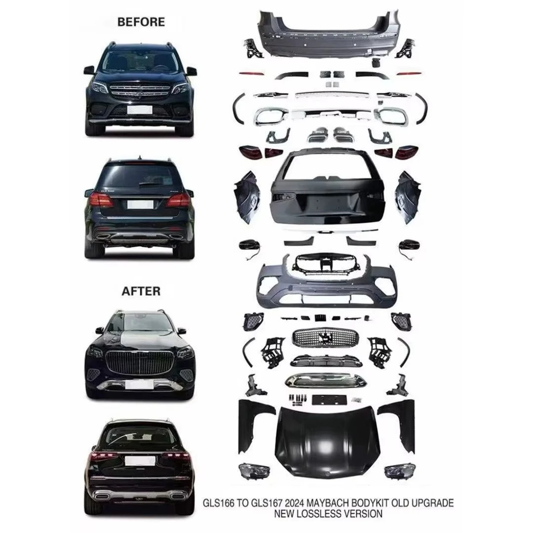 Body Kit for Mercedes-Benz GL W166 to GLS W167 Maybach Model, Featuring a Bumper, Grille, Hood, Fenders, and Headlights.