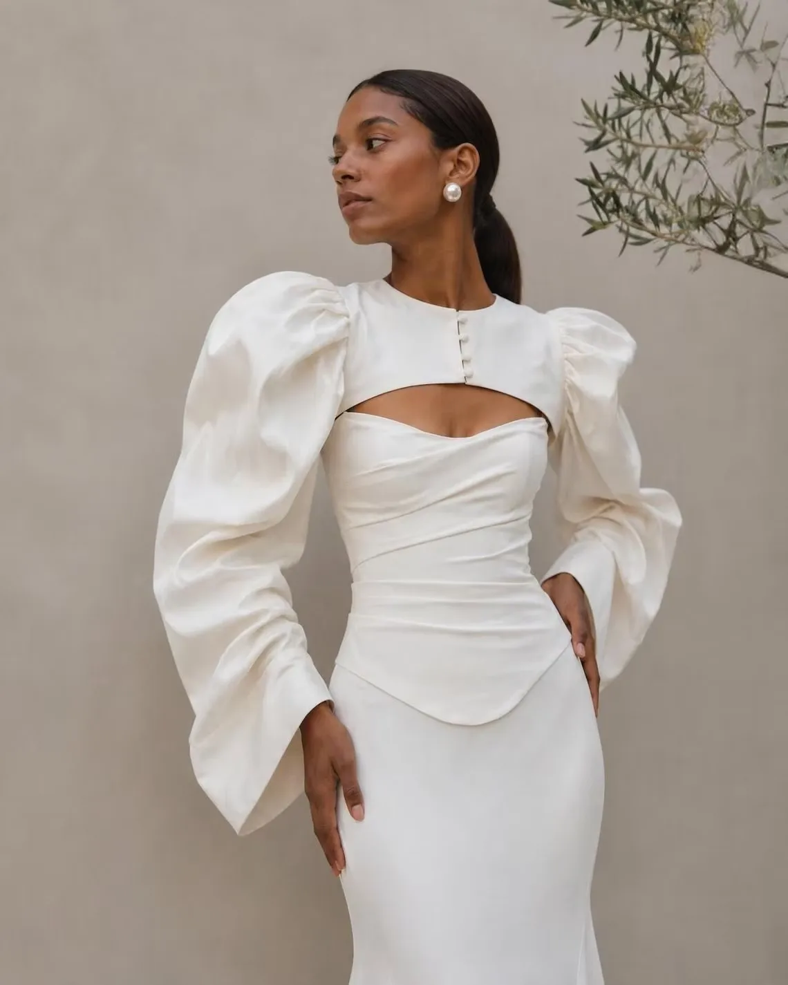 Customized Taffeta Bridal Jacket Long Sleeves Wedding Topper Puff Sleeve Bolero with Buttons Bridal Cover Up
