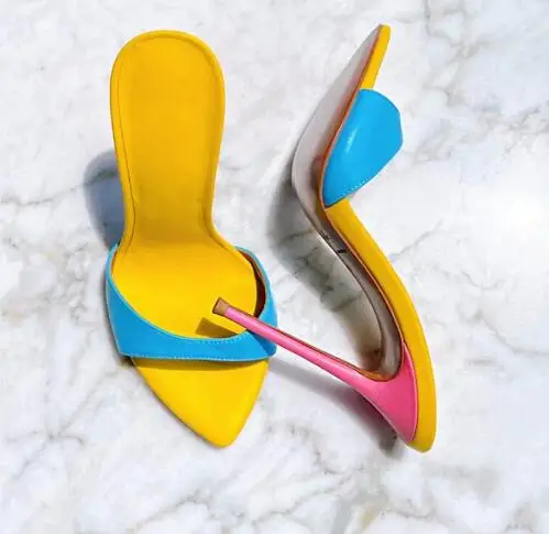 

Sky Blue Yellow Hot Pink Mixed Leather Pointed Open Toe Stiletto Mules Women Sexy Thin Heels Shallow Pull On Slippers Sandals