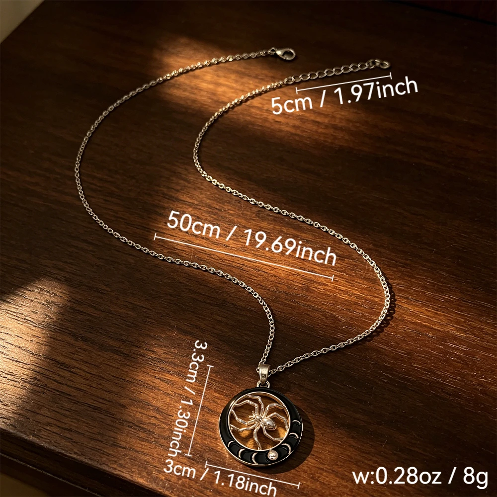 Halloween Dark Moon Phase Hollow Spider Pendant Necklace Black Enamel Crescent Pattern Unisex Layered Long Necklace