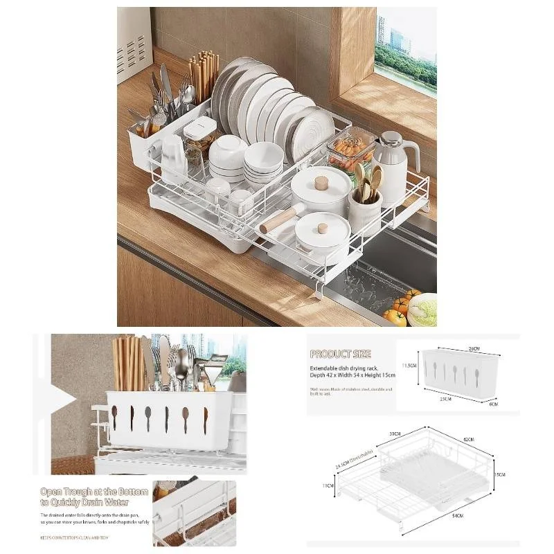 

Expandable dish drying rack with retractable design, heavy-duty space-saving dryer, adjustable width/height, drainboard, 360°