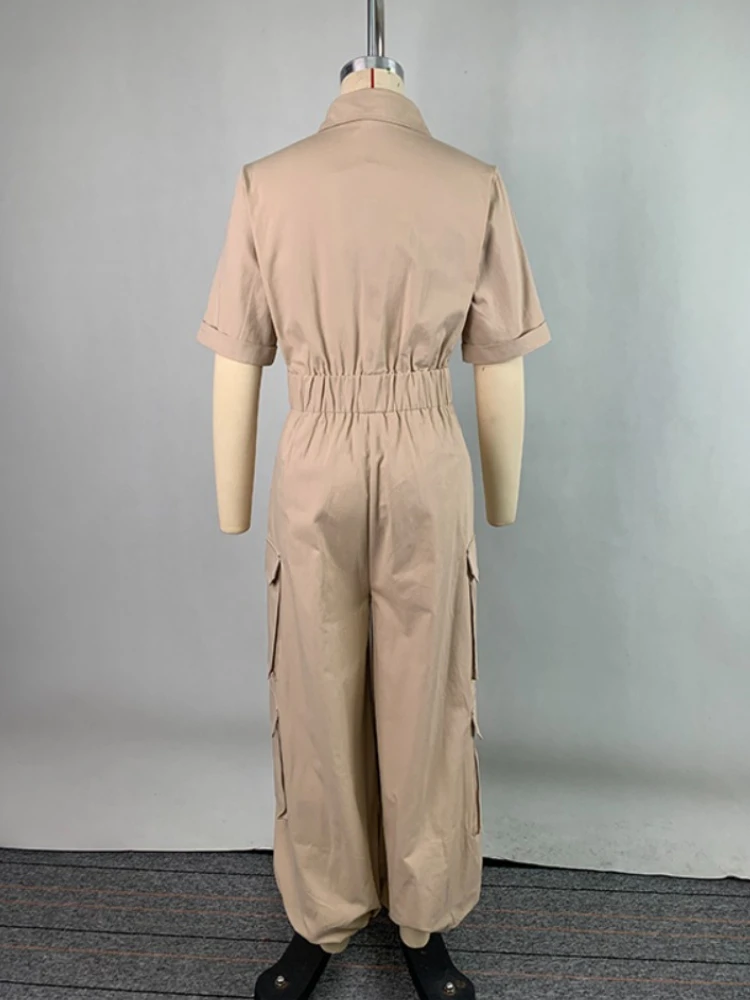 Women's Cotton Blend Cargo Jumpsuit 2026 New Short Sleeves Buttoned Pockets High Waist Wide Leg Workwear Romper