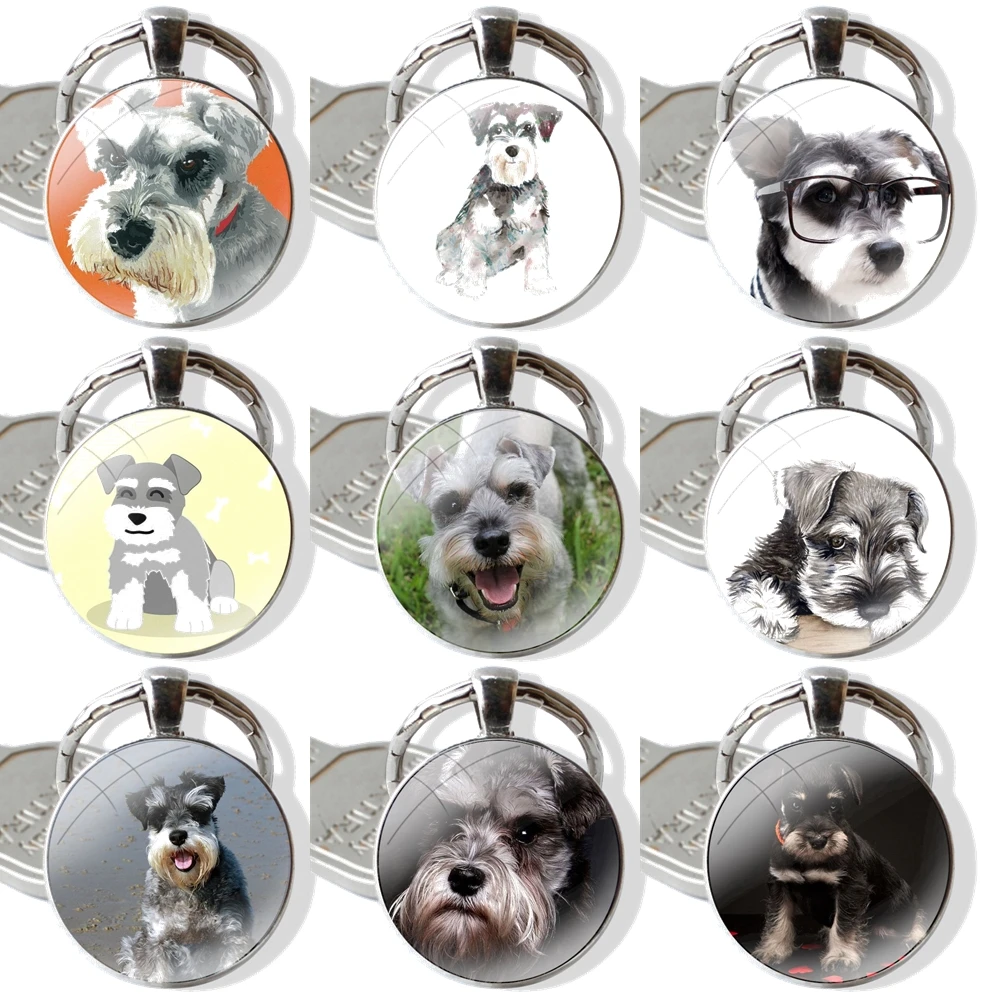 Miniature Schnauzer dog Keychain Handmade Glass Cabochon Key Ring Holder Pendant Key Chains