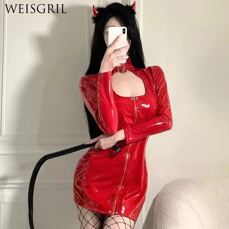 

Women's Sexy Faux Latex Patent Leather Midi Dress Full Zipper Exotic Dress PVC Long Sleeve Gothic Erotic Club Clothing Custom