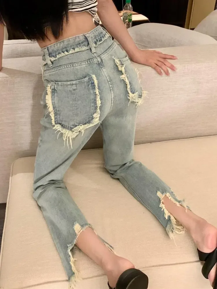

Рваные джинсы женские летние шикарные модные прямые универсальные уличные джинсы индивидуальные стираные подростковые до щиколотки повседневные в корейском стиле
