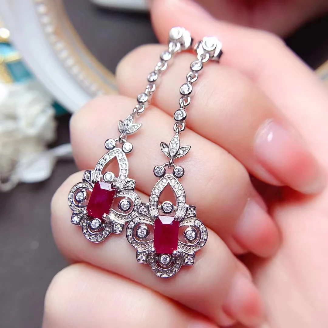 MeiBaPJ Pure Natural Unburned Ruby Flower Long Drop Earrings Real 925 Silver Red Stone Earrings Fine Charm Jewelry for Women