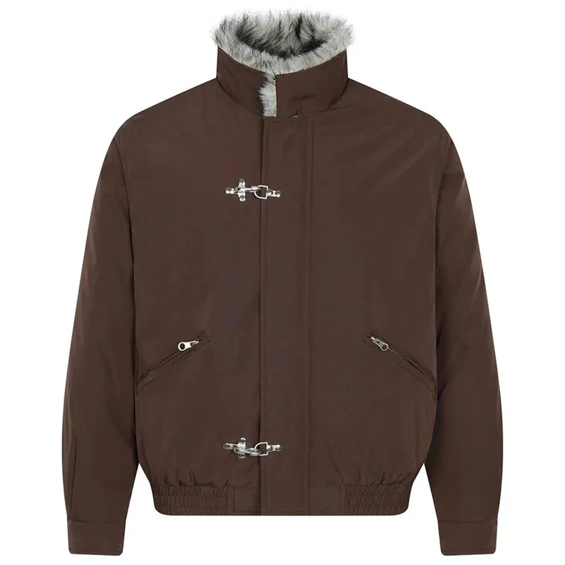 جواكت شتوية بياقة من الفرو سترات دافئة سميكة معاطف مبطنة بياقة واقفة سترات هاراجوكو ملابس خارجية للرجال #4