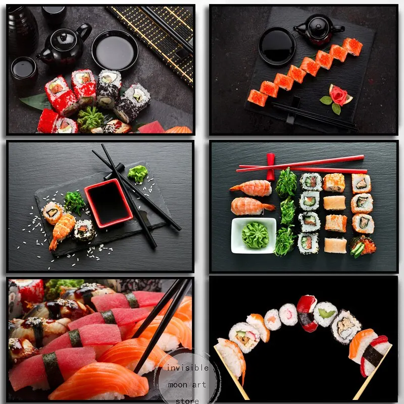 Arte de comida japonesa Retro, rollo de Sushi de salmón, Caviar, pintura en lienzo, impresiones de pared para decoración del hogar, cafetería o restaurante