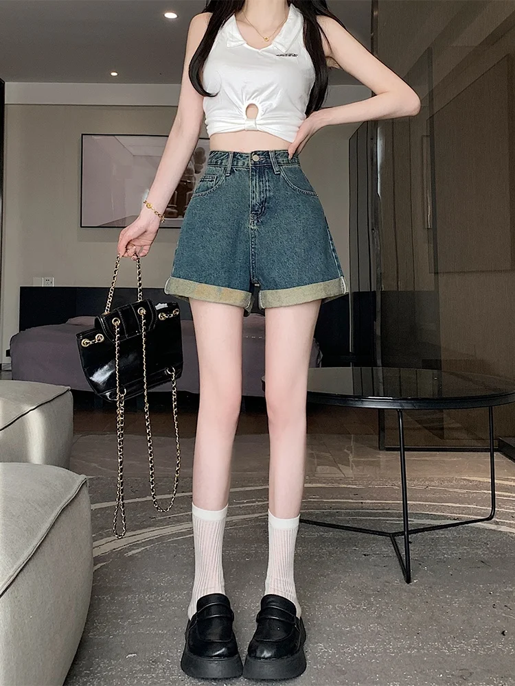 Shorts de mezclilla de cintura alta y pierna ancha para mujer, de verano, holgados, que disimulan la figura, corte A, pantalones cortos vintage con dobladillo.
