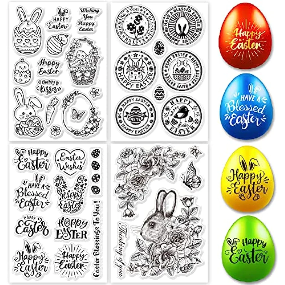 

Easter Clear Stamp Set 4 Sheets Clear Silicone Stamps Happy Egg Bunny Rose Scrapbooking for Card DIY Craft Embossing Photo Album