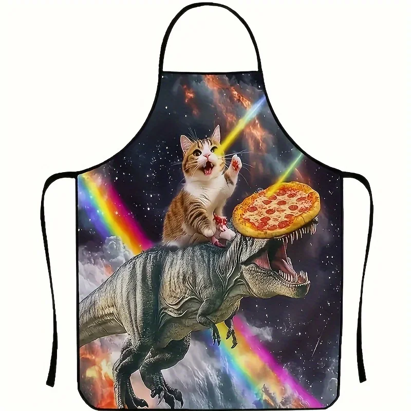 مآزر Quirky Cat & Dinosaur - تصميم كرتوني نابض بالحياة، بوليستر سهل العناية مع ربطة عنق قابلة للتعديل، مثالي للطهي والبار #1