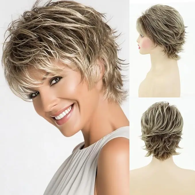 

Короткие светлые парики JOVIAHAIR для белых женщин, синтетические парики с коричневыми прядями и челкой, натуральный многослойный парик в стиле пикси для женщин