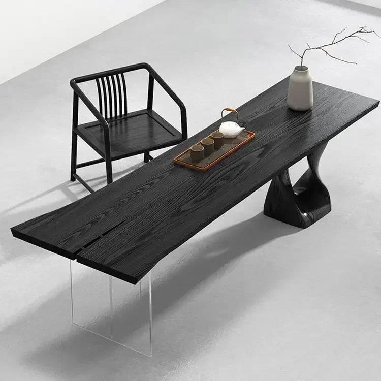 طاولة شاي خشبية سجل متفحمة باللون الأسود طاولة كبيرة لغرفة المعيشة بسيطة وخفيفة فاخرة صينية شاي منزلية نمط صامت