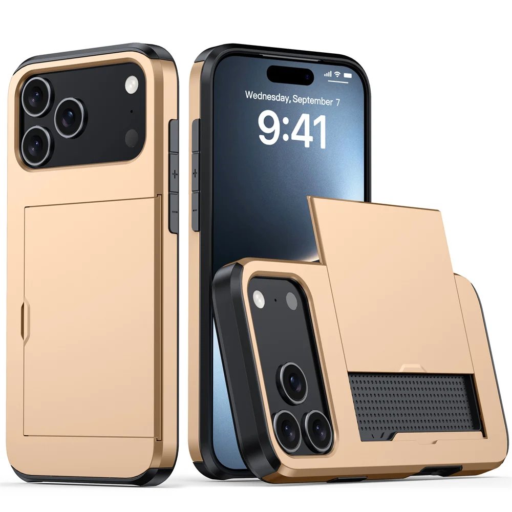 Robuste Handyhülle für iPhone 18 17 16 Plus 15 Pro 15 14 13 12 11 Pro Max mit Brieftaschen-Kartenhalter und Schiebeverschluss aus hartem PC-Schutzmaterial – Detail 5