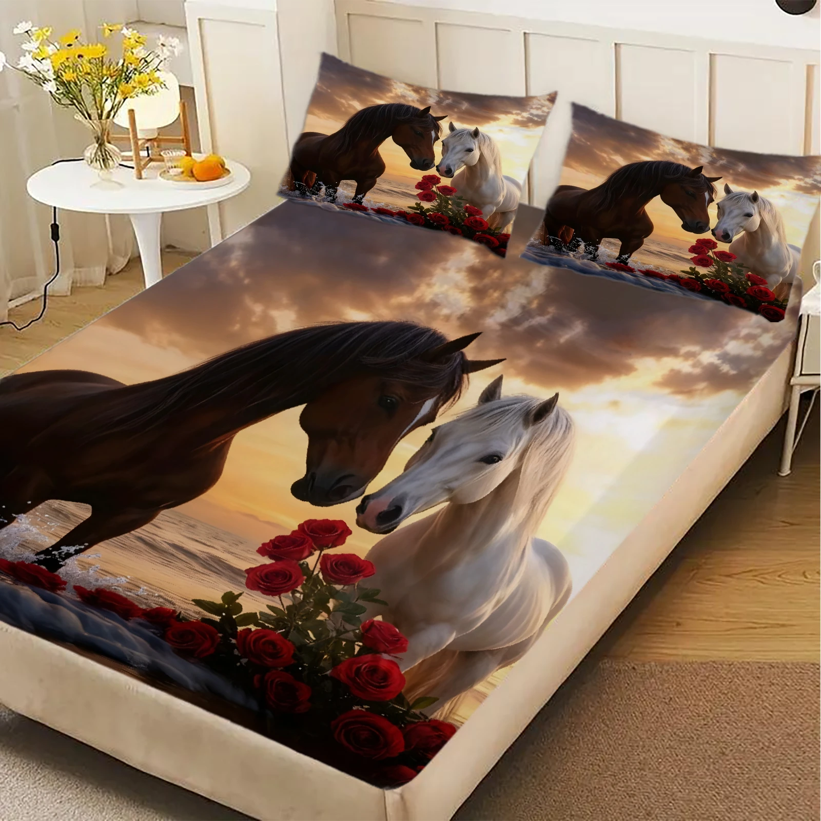 3 قطعة الحب تحت عنوان الخيول المطبوعة المجهزة ورقة 100% البوليستر دائم طقم سرير ورقة للمنزل غرفة نوم الديكور هدية عيد ميلاد #3