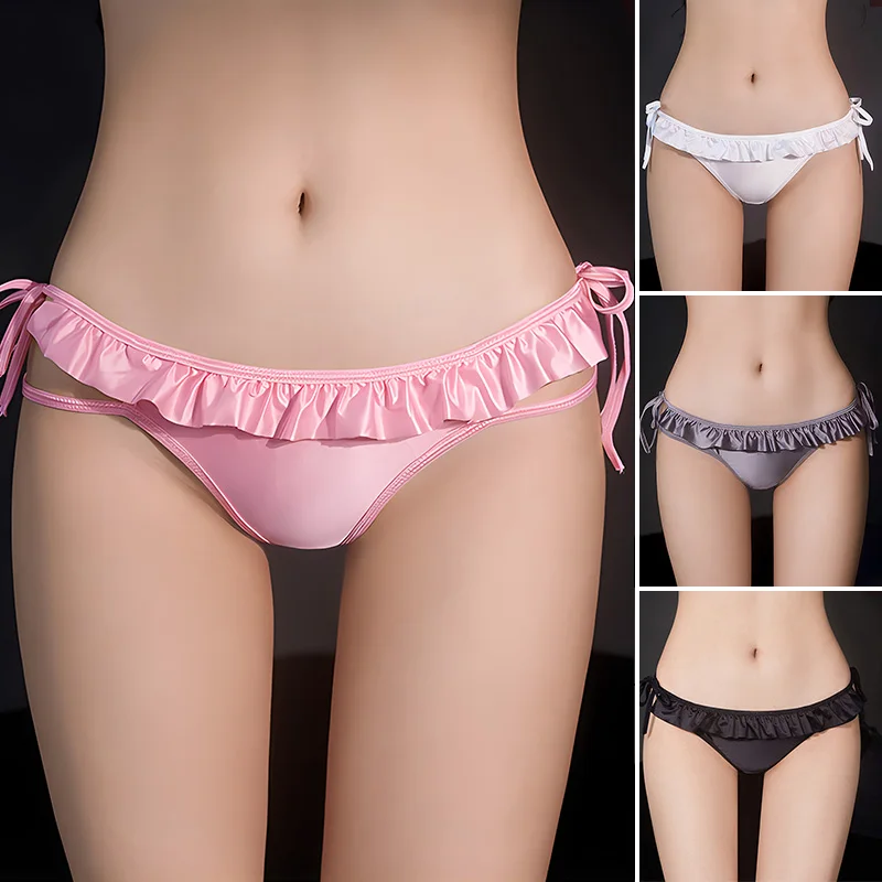 

Glossy Satin Underwear Women Silk Low Waist Ruffles Sexy Briefs French Ladies Seamless Elastic Briefs Lingerie