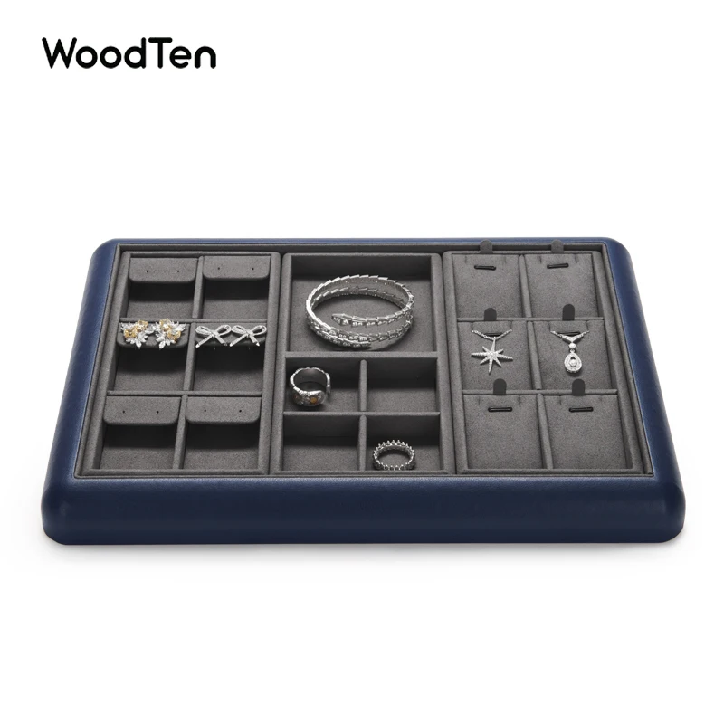 

WoodTen Grey Multi-function Jewelry Display Trays PU Leather Jewelri Organize Tray for Pendant Ring Earring