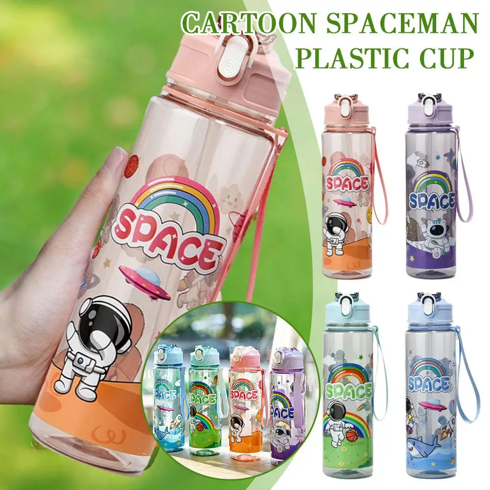 Children's Straw Cup Cartoon Astronaut Water Cup Bouncing Water Cover Cup Student Portable Sports Men Women Outdoor Plastic K6W8