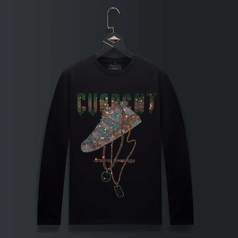 

Большие размеры, футболки с длинным рукавом и круглым вырезом, мужские модные уличные туфли со стразами, тонкие хлопковые футболки из модала, мужская одежда