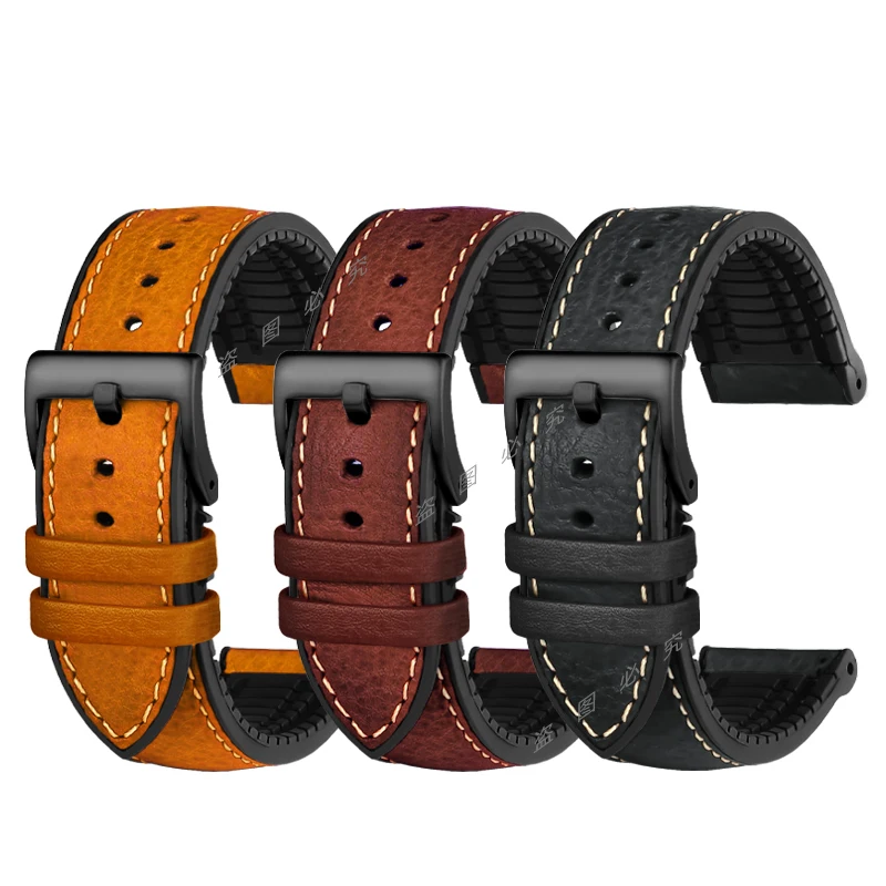 For any brand Italian Cowhide Leather watch Strap 19 20 21 21 22 23MM Green Brown blue red Men fluoro rubber watchband Bracelet