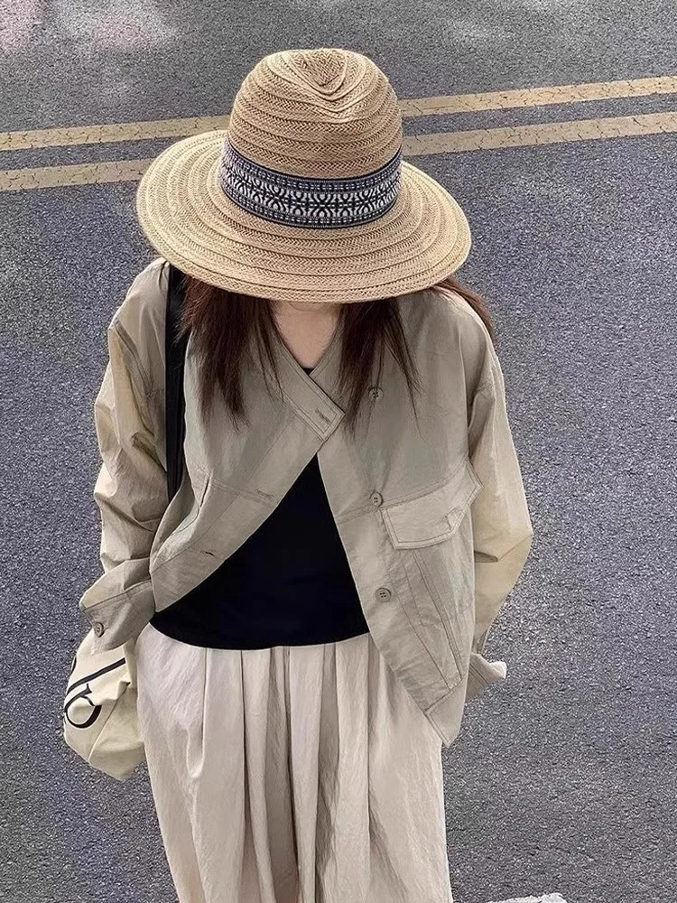 Stylowa, codzienna, długa bluzka damska w jednolitym kolorze, chroniąca przed słońcem, luźny krój, uniwersalna, wygodna, idealna do dojazdów do pracy, chroniąca przed wiatrem.